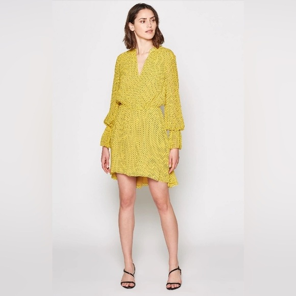 Joie Silk Dress Women's Size XS Yellow Dotted Poet Sleeves Blouson Bodice - Picture 3 of 13